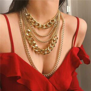 Chunky Gold Layered Chain Necklace Multilayer Punk 80s Hip Hop Statement Jewelry